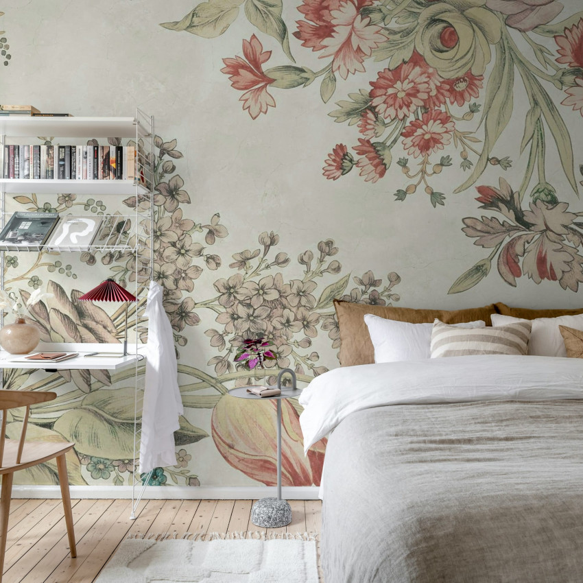 Fototapet floral negru în living modern