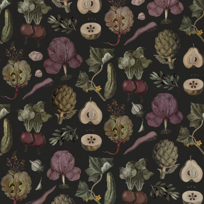 Tapet Vintage Greens, Black cu model de legume și fructe pictate manual