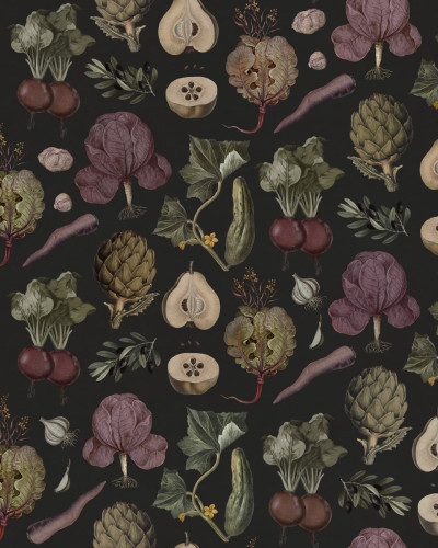 Tapet Vintage Greens, Black cu model de legume și fructe pictate manual