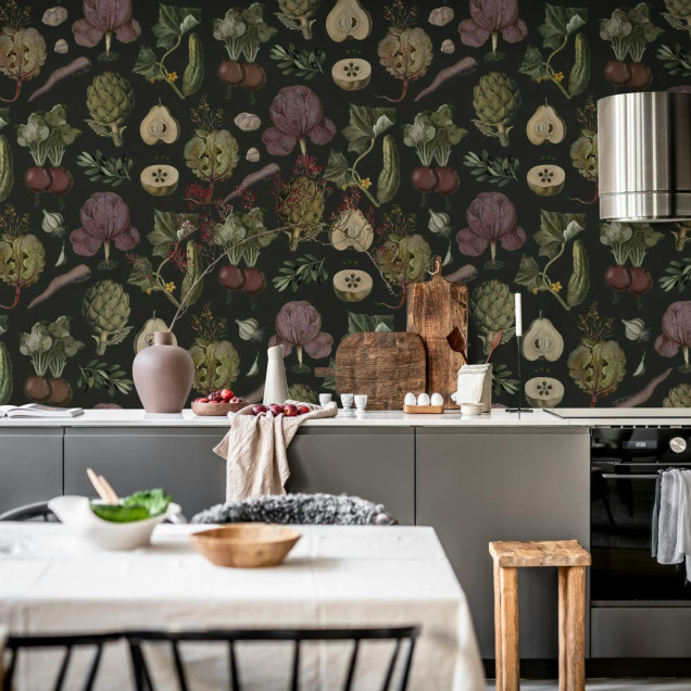 Tapet Vintage Greens, Black cu model de legume și fructe pictate manual