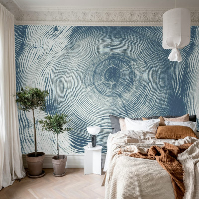 Tapet cu aspect de lemn, inele de creștere albastre, Tree Cut, Blue.