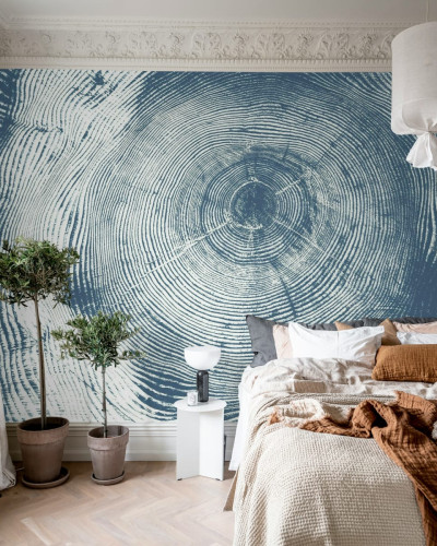 Tapet cu aspect de lemn, inele de creștere albastre, Tree Cut, Blue.