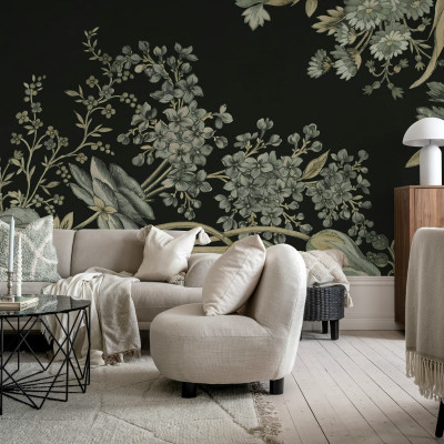 Fototapet floral negru în living modern