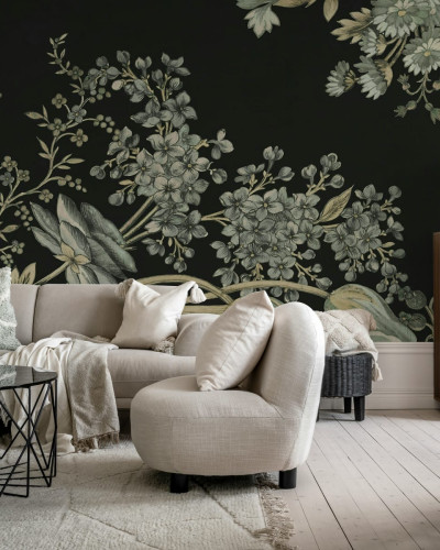 Fototapet floral negru în living modern