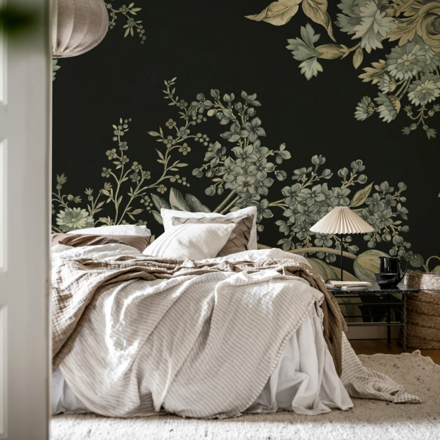 Fototapet floral negru în living modern