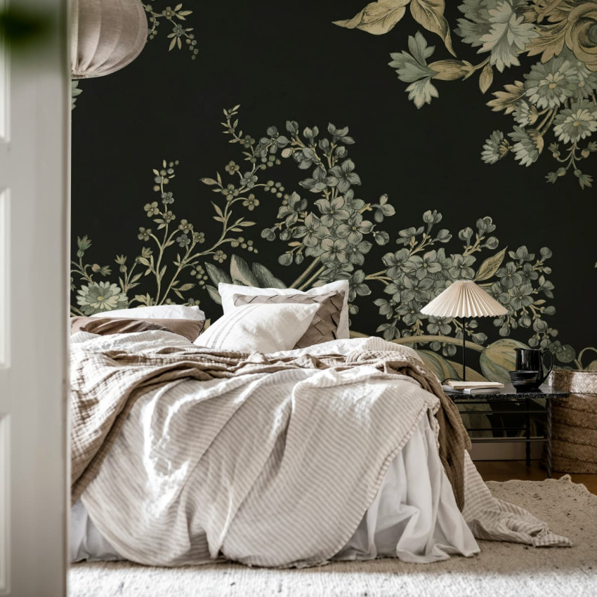 Fototapet floral bej într-o sufragerie elegantă