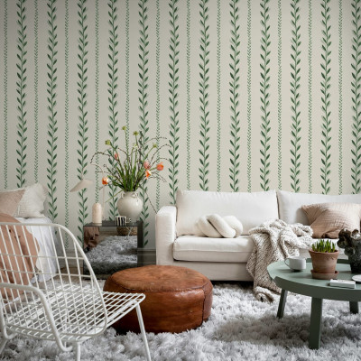 Tapet cu dungi fine, cu frunze de dafin, Bayleaf Stripe, verde.