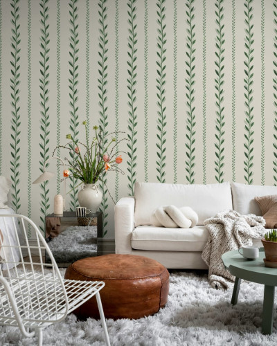Tapet cu dungi fine, cu frunze de dafin, Bayleaf Stripe, verde.