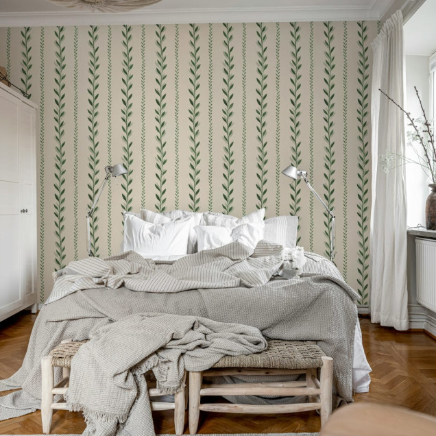 Tapet cu dungi fine, cu frunze de dafin, Bayleaf Stripe, verde.