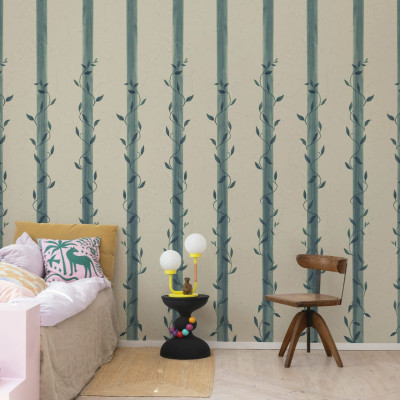 Tapet Leafy Stripes, Blue, cu dungi albastre și frunze verzi.