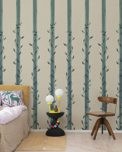 Tapet Leafy Stripes, Blue, cu dungi albastre și frunze verzi.