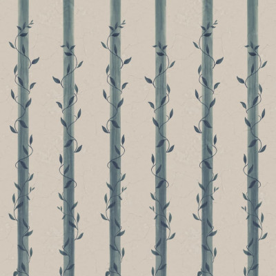 Tapet Leafy Stripes, Blue, cu dungi albastre și frunze verzi.
