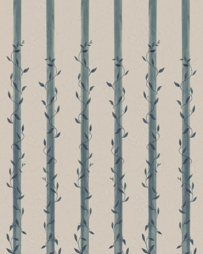 Tapet Leafy Stripes, Blue, cu dungi albastre și frunze verzi.