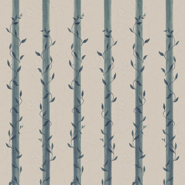 Tapet Leafy Stripes, Blue, cu dungi albastre și frunze verzi.