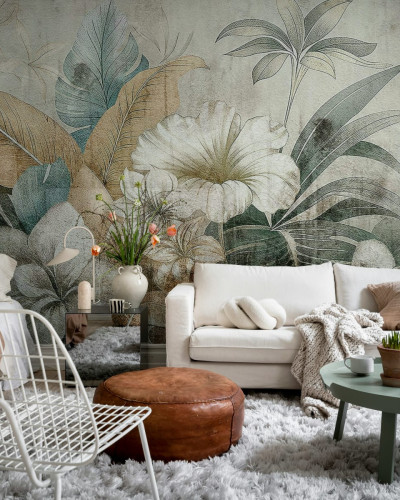 Tapet Vintage Garland Rust - design elegant cu frunze și flori în culori neutre