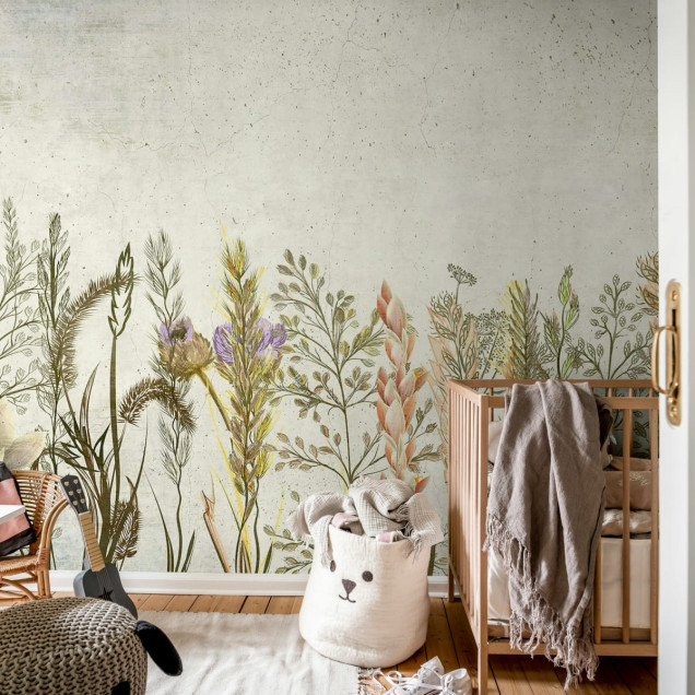 Tapet cu flori delicate și ierburi pe un fundal de beton
