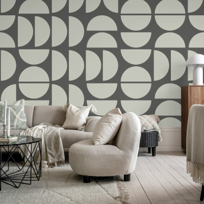 Tapet cu design geometric modern, cu forme simple de cerc și semicerc în nuanțe de gri și bej.