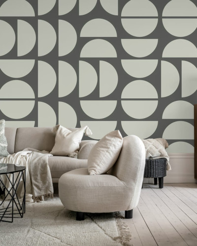 Tapet cu design geometric modern, cu forme simple de cerc și semicerc în nuanțe de gri și bej.