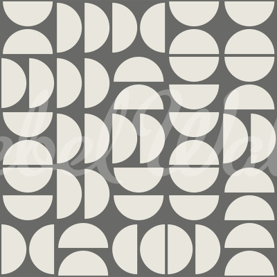 Tapet cu design geometric modern, cu forme simple de cerc și semicerc în nuanțe de gri și bej.