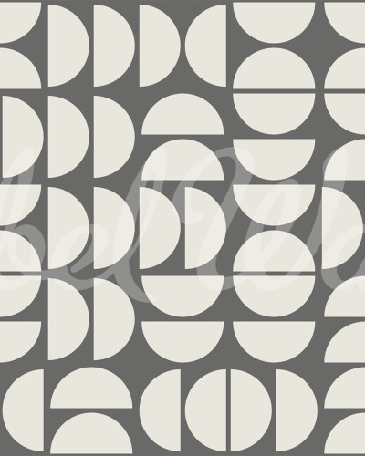 Tapet cu design geometric modern, cu forme simple de cerc și semicerc în nuanțe de gri și bej.