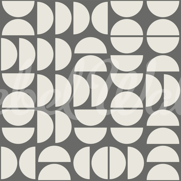Tapet cu design geometric modern, cu forme simple de cerc și semicerc în nuanțe de gri și bej.