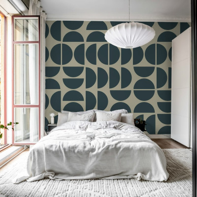 Tapet cu model geometric abstract in albastru închis și bej, Geometry Shapes, Midnight Blue