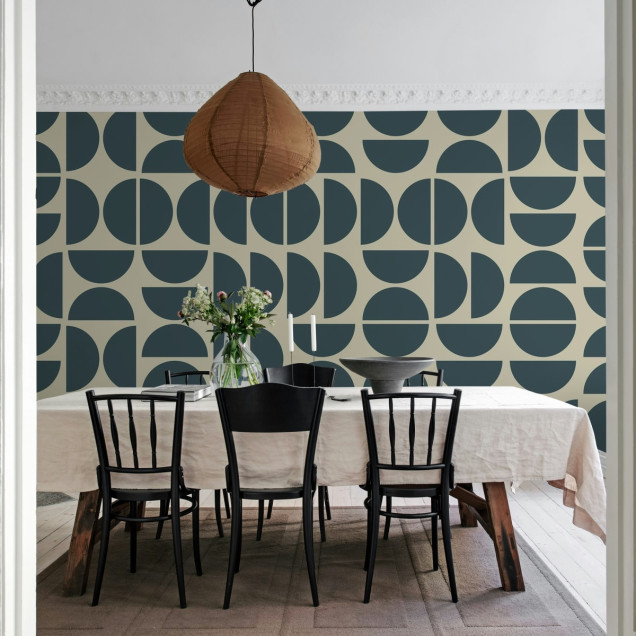 Tapet cu model geometric abstract in albastru închis și bej, Geometry Shapes, Midnight Blue