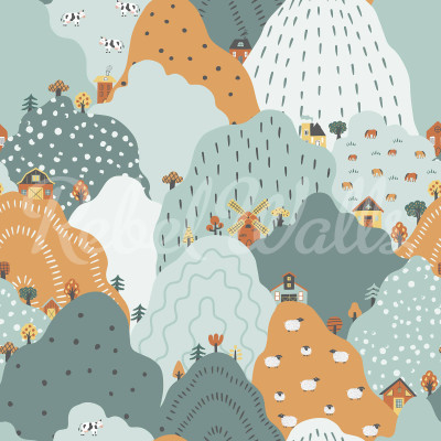 Tapet cu design vesel, cu dealuri colorate, casute dragute, nori pufosi si animale simpatice