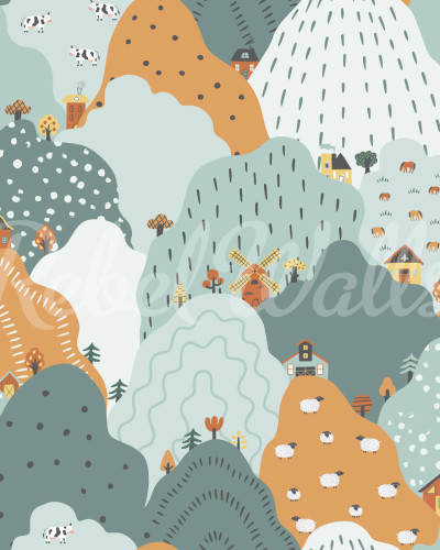 Tapet cu design vesel, cu dealuri colorate, casute dragute, nori pufosi si animale simpatice