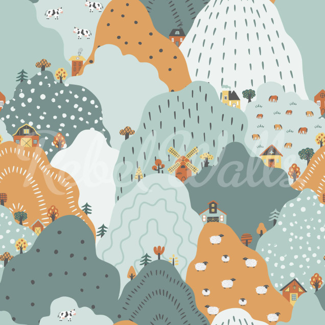 Tapet cu design vesel, cu dealuri colorate, casute dragute, nori pufosi si animale simpatice