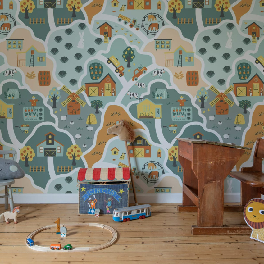 Tapet Happy Landscape, Gray cu design de fermă pentru camera copilului
