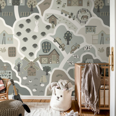 Tapet Happy Landscape, Gray cu design de fermă pentru camera copilului