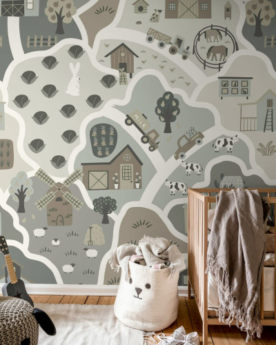 Tapet Happy Landscape, Gray cu design de fermă pentru camera copilului