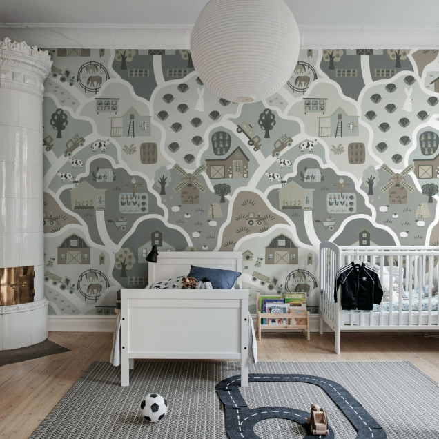 Tapet Happy Landscape, Gray cu design de fermă pentru camera copilului