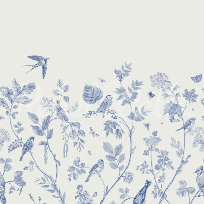Tapet cu design floral si pasari in nuante de albastru pe un fundal verde deschis
