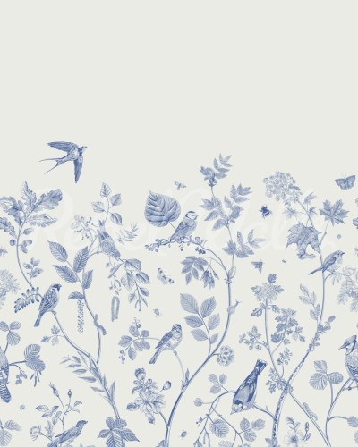 Tapet cu design floral si pasari in nuante de albastru pe un fundal verde deschis