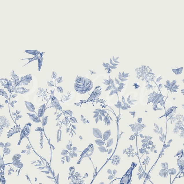 Tapet cu design floral si pasari in nuante de albastru pe un fundal verde deschis