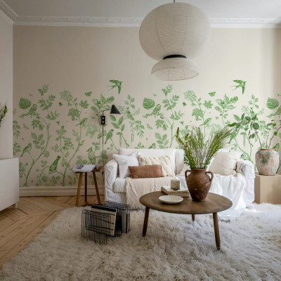 Tapet cu design floral cu păsări, verde, perfect pentru un decor relaxant.