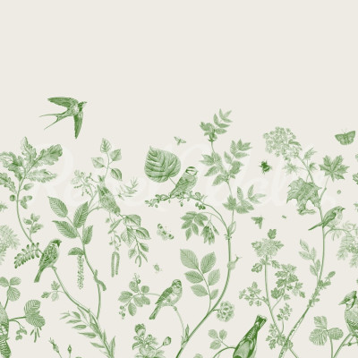 Tapet cu design floral cu păsări, verde, perfect pentru un decor relaxant.