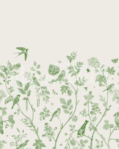 Tapet cu design floral cu păsări, verde, perfect pentru un decor relaxant.