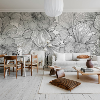 Tapet cu flori minimalist, Bold Dahlia, Graphite