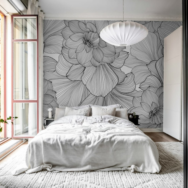 Tapet cu flori minimalist, Bold Dahlia, Graphite