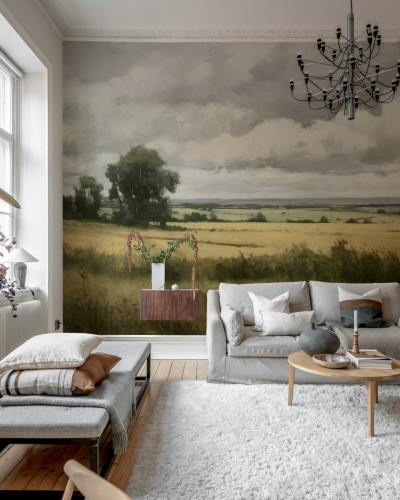 Fototapet cu pictură peisagistică în nuanțe bej într-un living modern