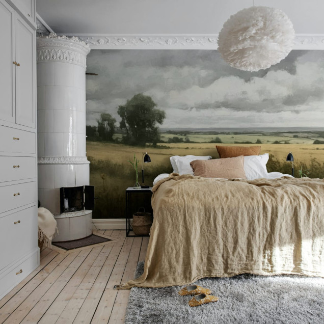 Fototapet cu pictură peisagistică în nuanțe bej într-un living modern