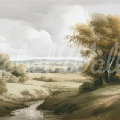 Tapet Field View Painting, Beige cu un peisaj relaxant cu o vale verde și copaci.