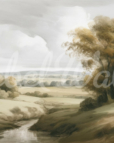 Tapet Field View Painting, Beige cu un peisaj relaxant cu o vale verde și copaci.