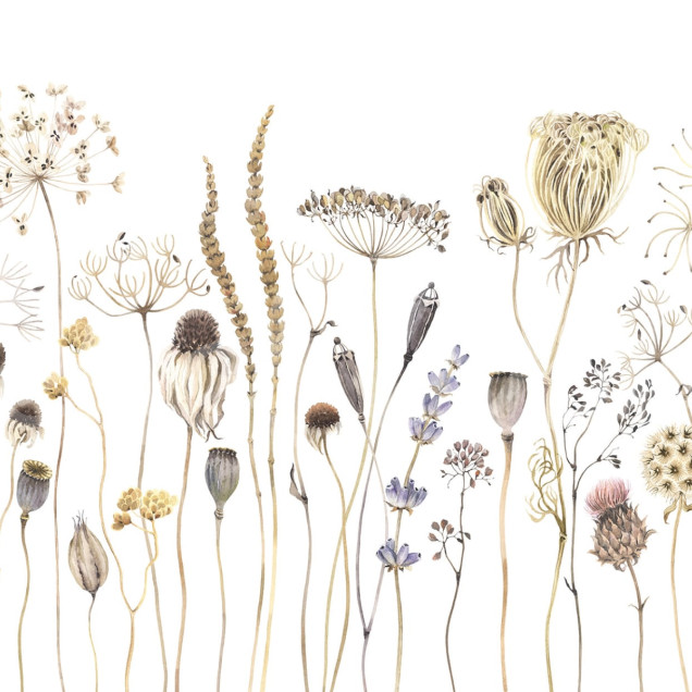 Tapet floral Dried Flower Meadow, Beige cu flori uscate în culori deschise pentru un dormitor romantic și relaxant.