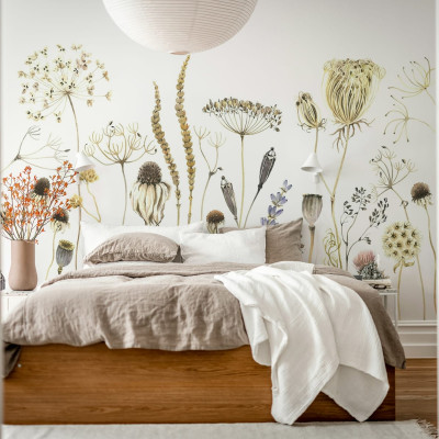 Tapet floral Dried Flower Meadow, Beige cu flori uscate în culori deschise pentru un dormitor romantic și relaxant.
