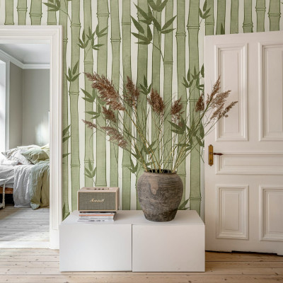 Tapet cu design de bambus verde, perfect pentru living, dormitor sau birou.