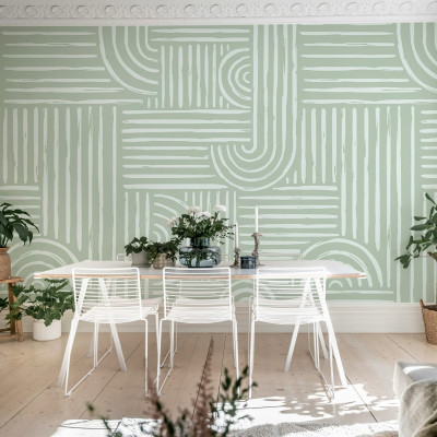 Tapet geometric abstract, Graphic Vaults, Green. Linii subtiri albe pe un fond verde deschis, pentru un aspect modern si minimalist.